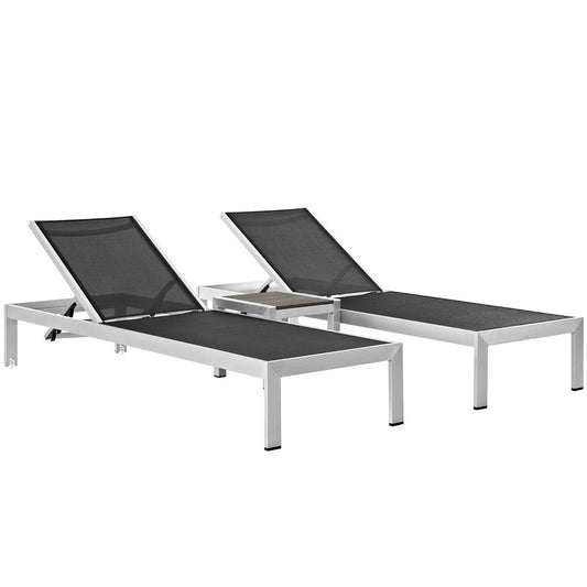 Shore 3 Piece Outdoor Chaise Patio Aluminum Set in Silver Black by Modway (2471)