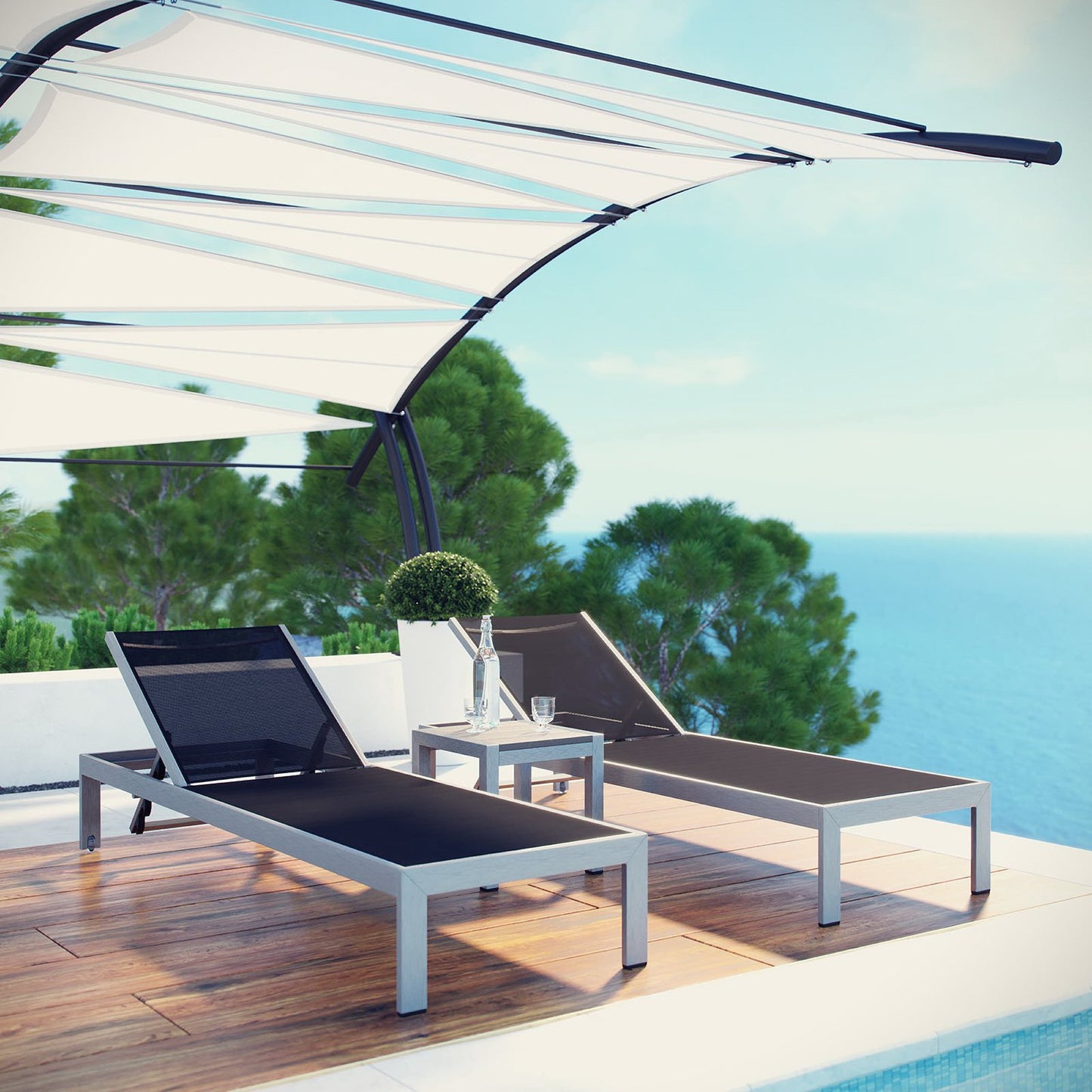Shore 3 Piece Outdoor Chaise Patio Aluminum Set in Silver Black by Modway (2471)