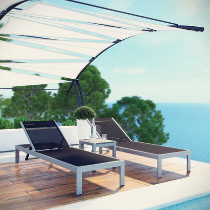 Shore 3 Piece Outdoor Chaise Patio Aluminum Set in Silver Black by Modway (2471)