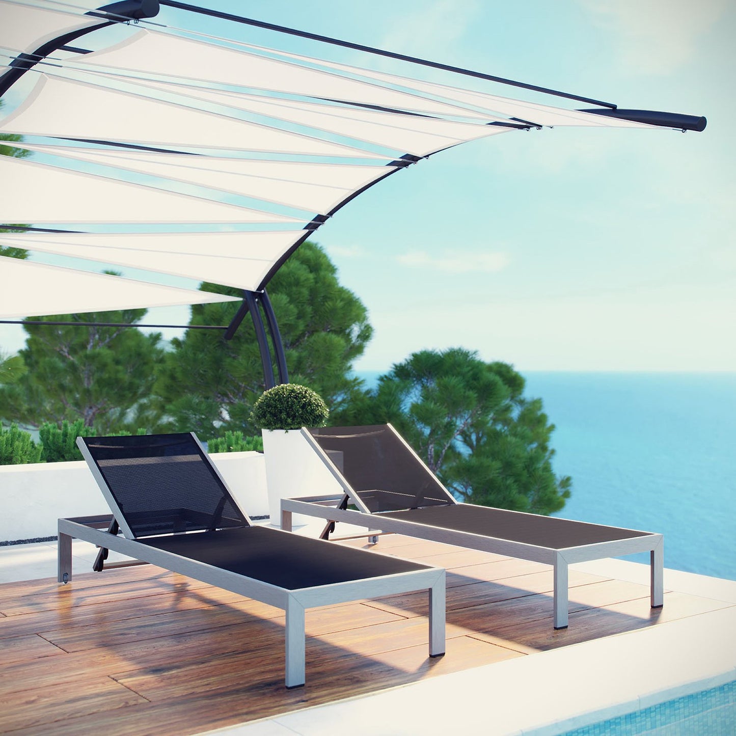 Shore Outdoor Patio Aluminum Chaise Set of 2 in Silver Black by Modway (2472)