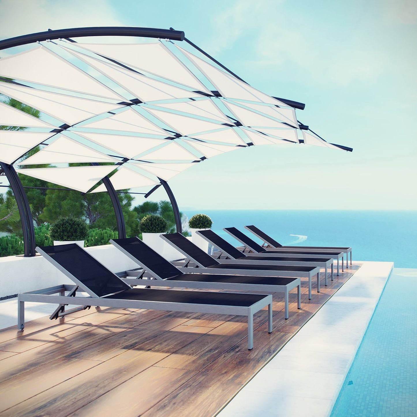 Shore Outdoor Patio Aluminum Chaise Set of 6 in Silver Black by Modway (2474)