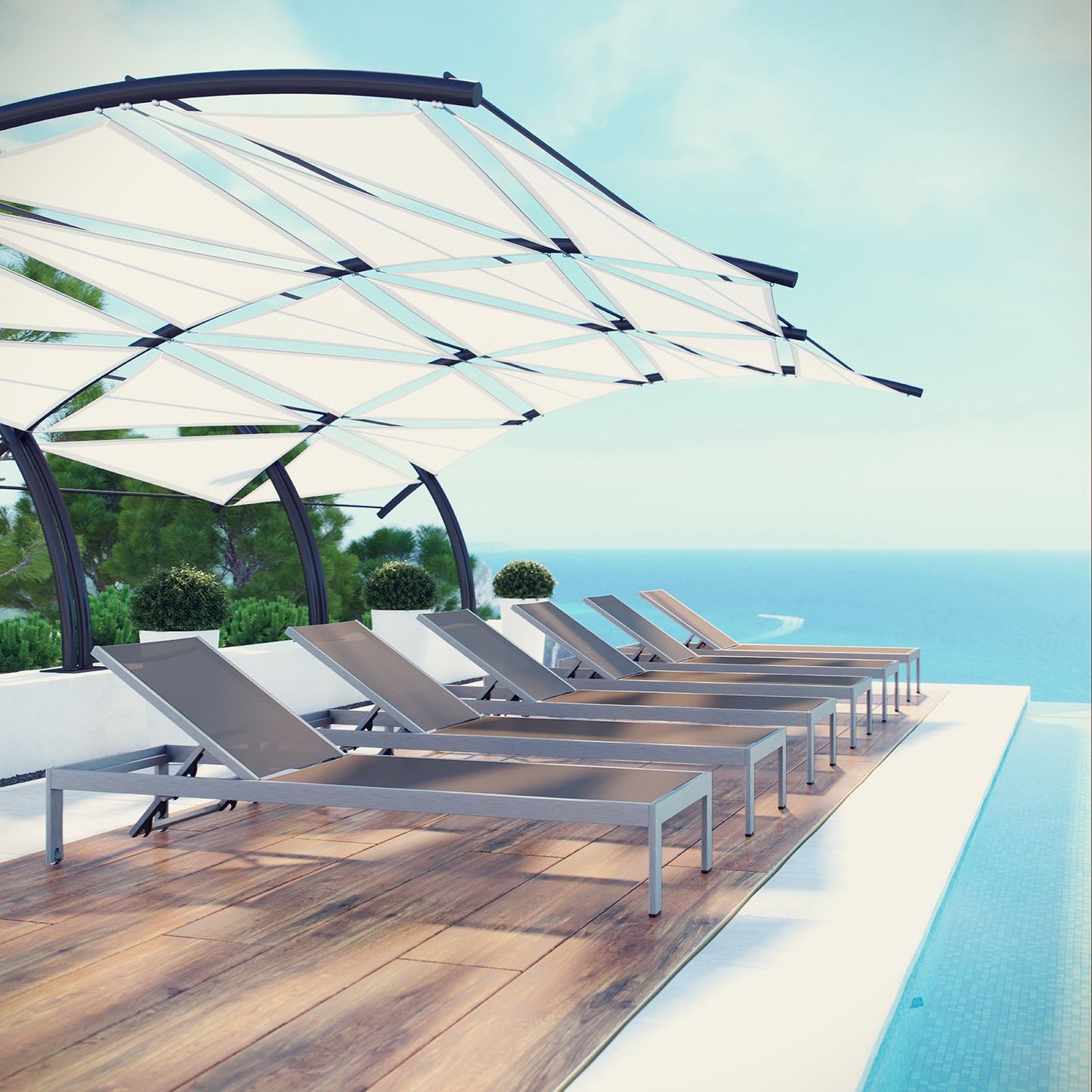 Shore Outdoor Patio Aluminum Chaise Set of 6 in Silver Gray by Modway (2474)