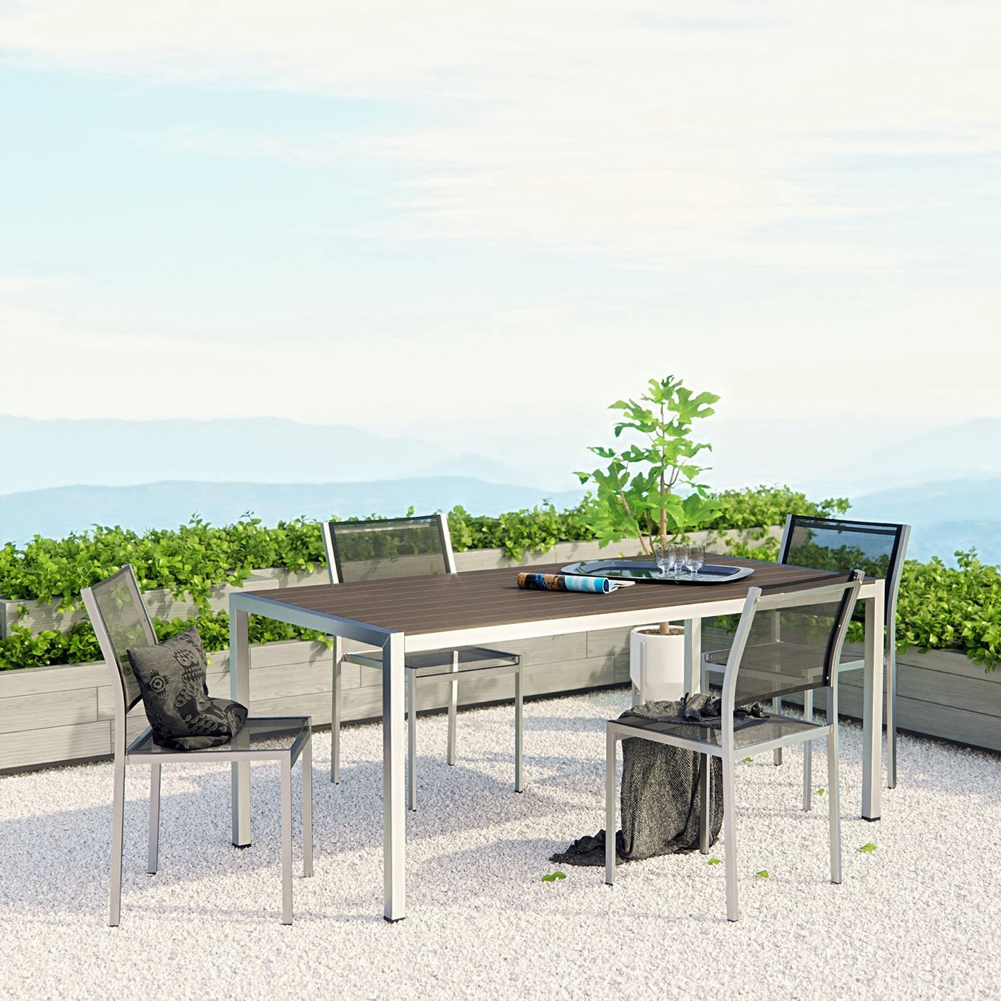Shore 5 Piece Outdoor Patio Aluminum Dining Set in Silver Black by Modway (2482)