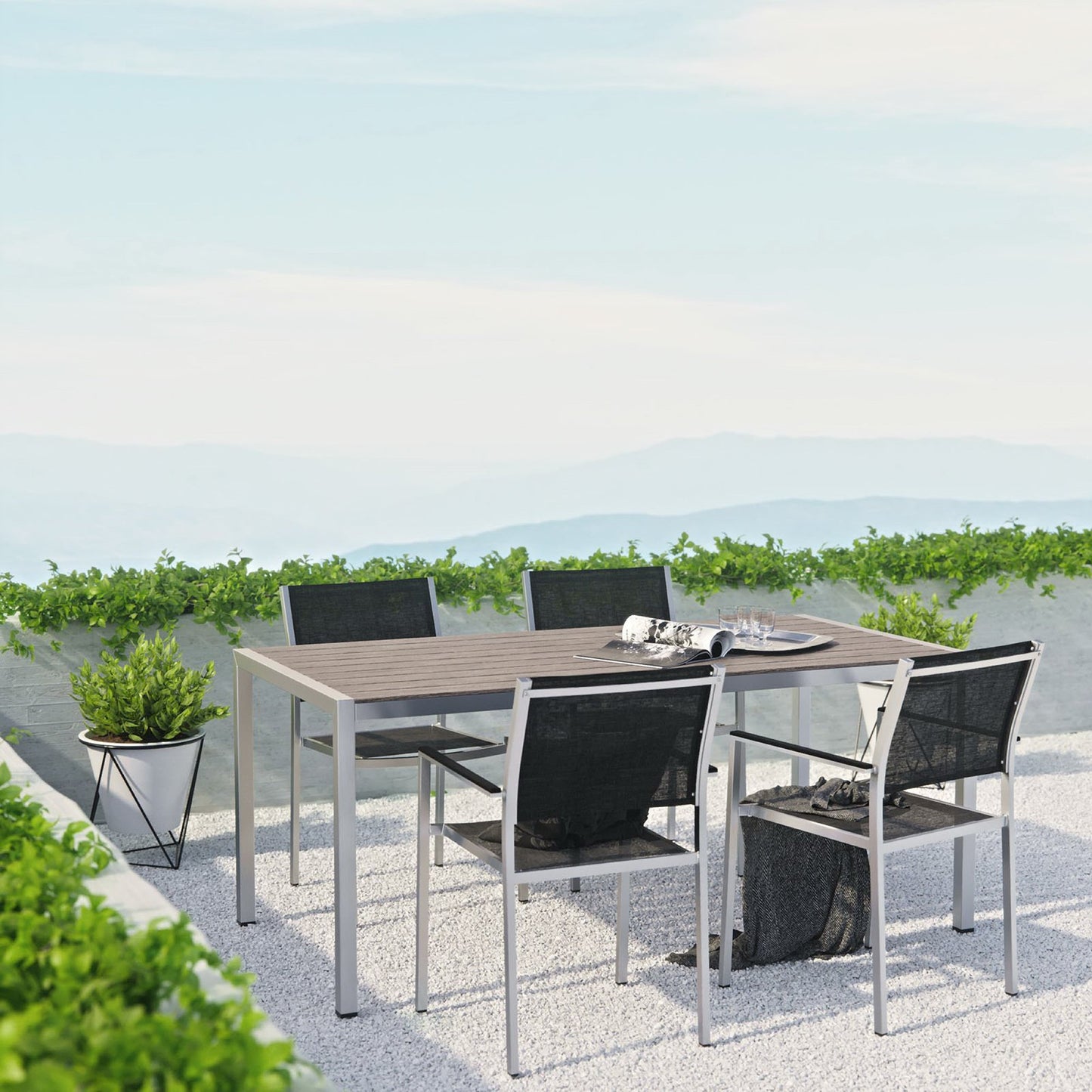 Shore 5 Piece Outdoor Patio Aluminum Dining Set in Silver Black by Modway (2483)