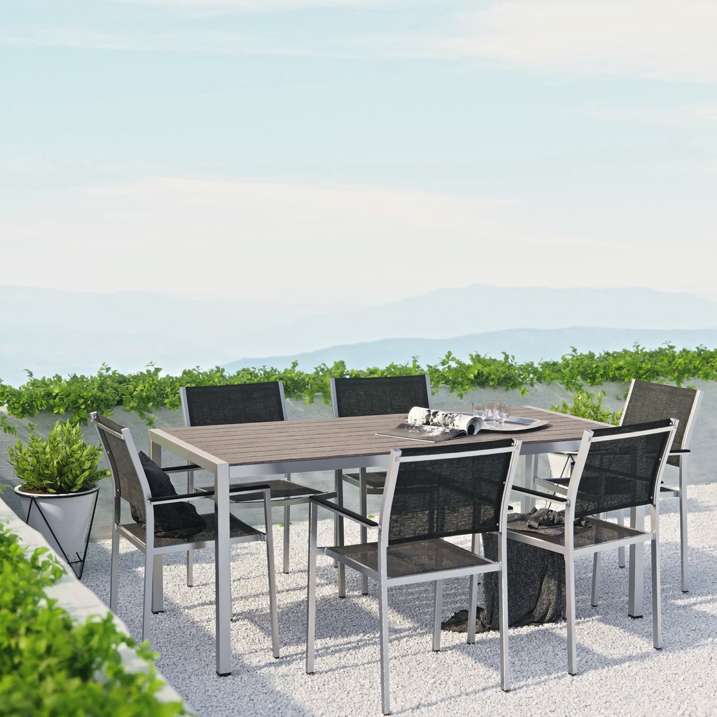 Shore 7 Piece Outdoor Patio Aluminum Dining Set in Silver Black by Modway (2486)
