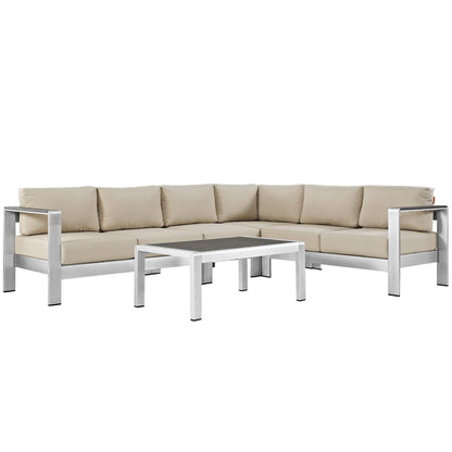 Shore 5 Piece Outdoor Patio Aluminum Sectional Sofa Set in Silver Beige by Modway (2557)