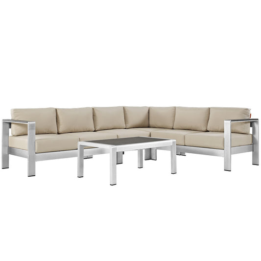 Shore 5 Piece Outdoor Patio Aluminum Sectional Sofa Set in Silver Beige by Modway (2557)