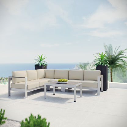 Shore 5 Piece Outdoor Patio Aluminum Sectional Sofa Set in Silver Beige by Modway (2557)
