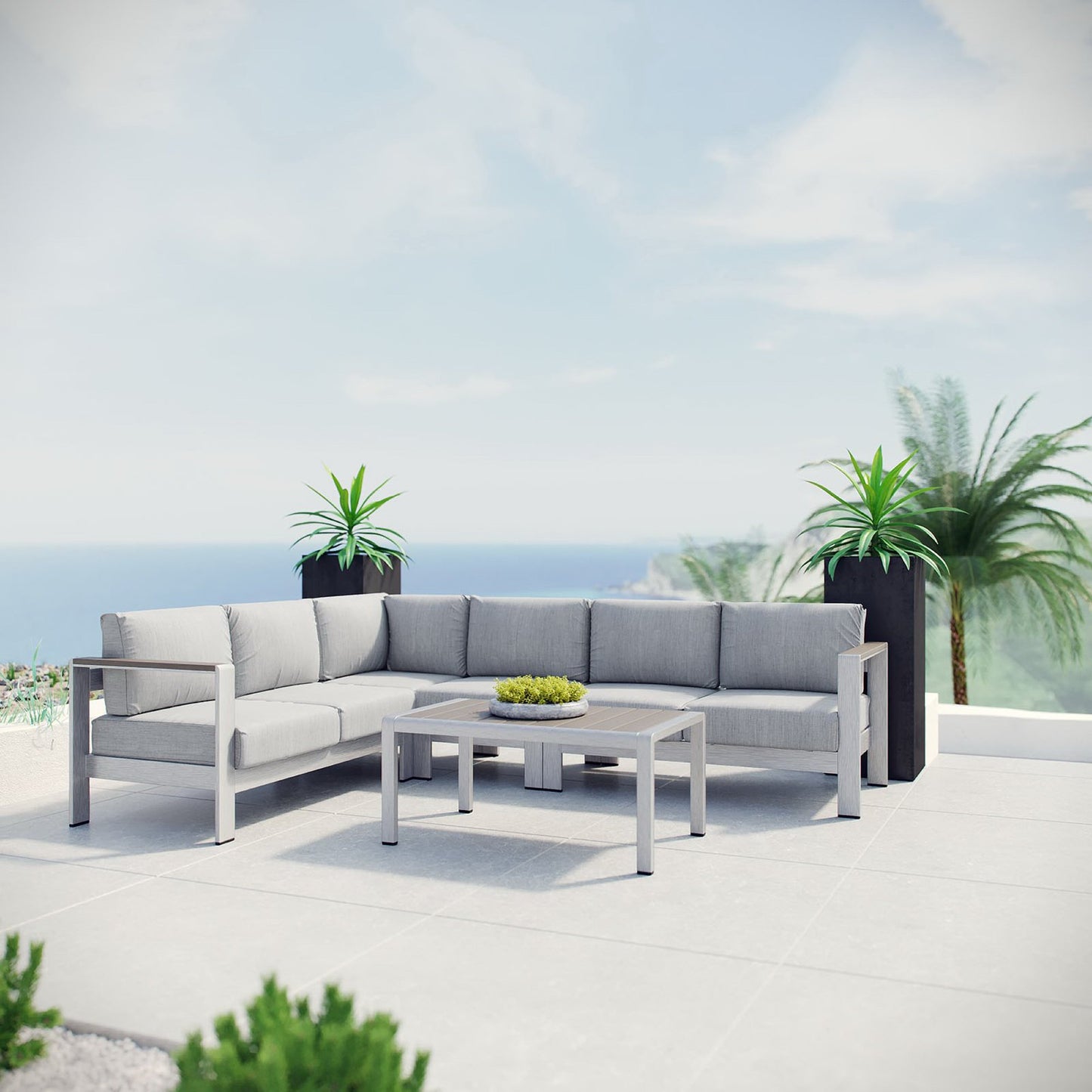 Shore 5 Piece Outdoor Patio Aluminum Sectional Sofa Set in Silver Gray by Modway (2557)