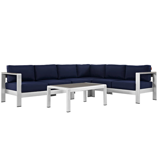 Shore 5 Piece Outdoor Patio Aluminum Sectional Sofa Set in Silver Navy by Modway (2557)