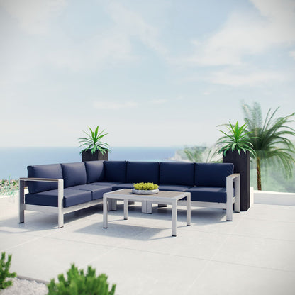 Shore 5 Piece Outdoor Patio Aluminum Sectional Sofa Set in Silver Navy by Modway (2557)
