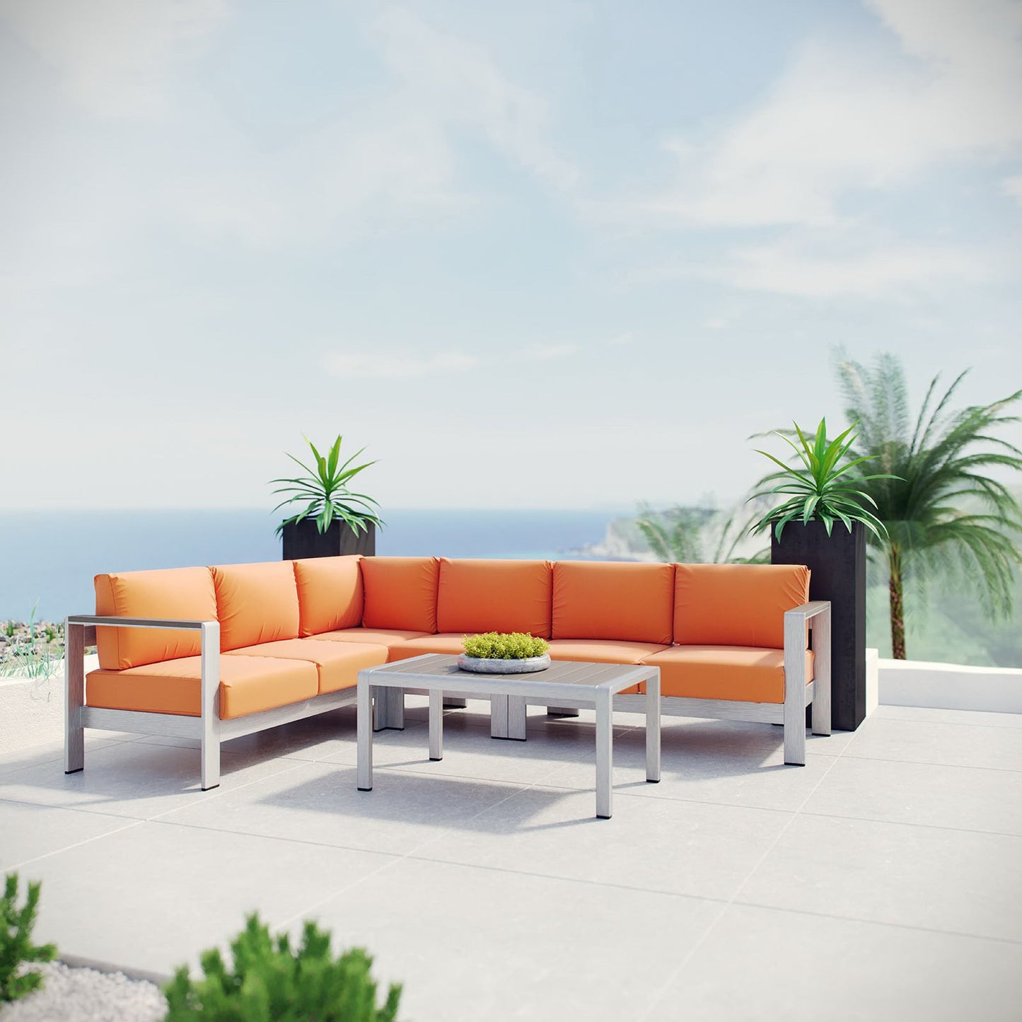 Shore 5 Piece Outdoor Patio Aluminum Sectional Sofa Set in Silver Orange by Modway (2557)