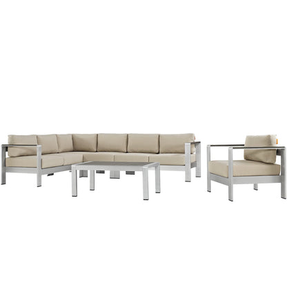 Shore 6 Piece Outdoor Patio Aluminum Sectional Sofa Set in Silver Beige by Modway (2558)