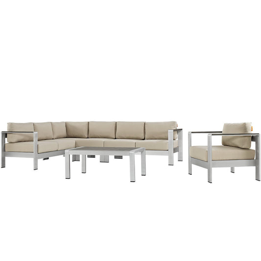 Shore 6 Piece Outdoor Patio Aluminum Sectional Sofa Set in Silver Beige by Modway (2558)