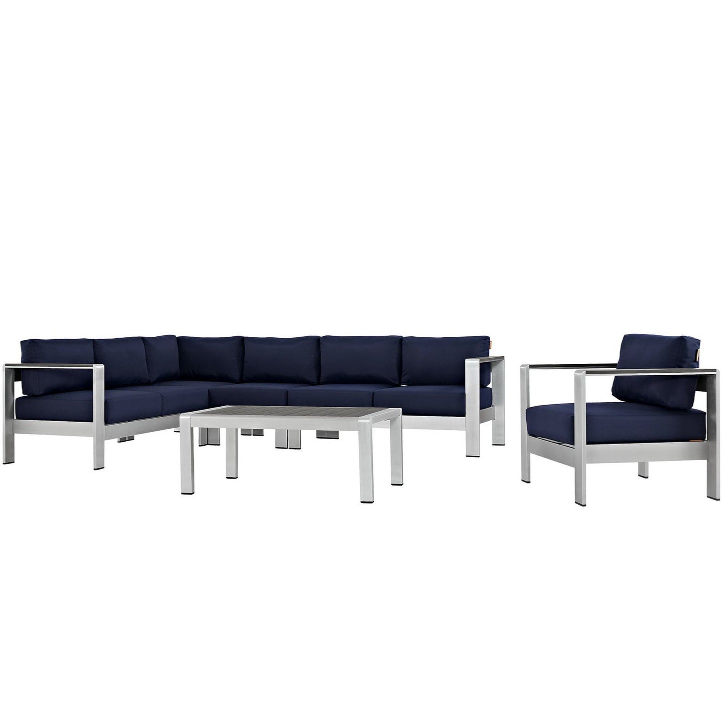 Shore 6 Piece Outdoor Patio Aluminum Sectional Sofa Set in Silver Navy by Modway (2558)