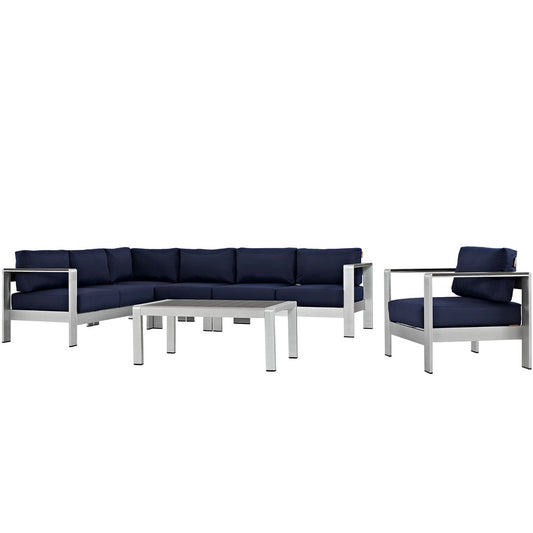 Shore 6 Piece Outdoor Patio Aluminum Sectional Sofa Set in Silver Navy by Modway (2558)