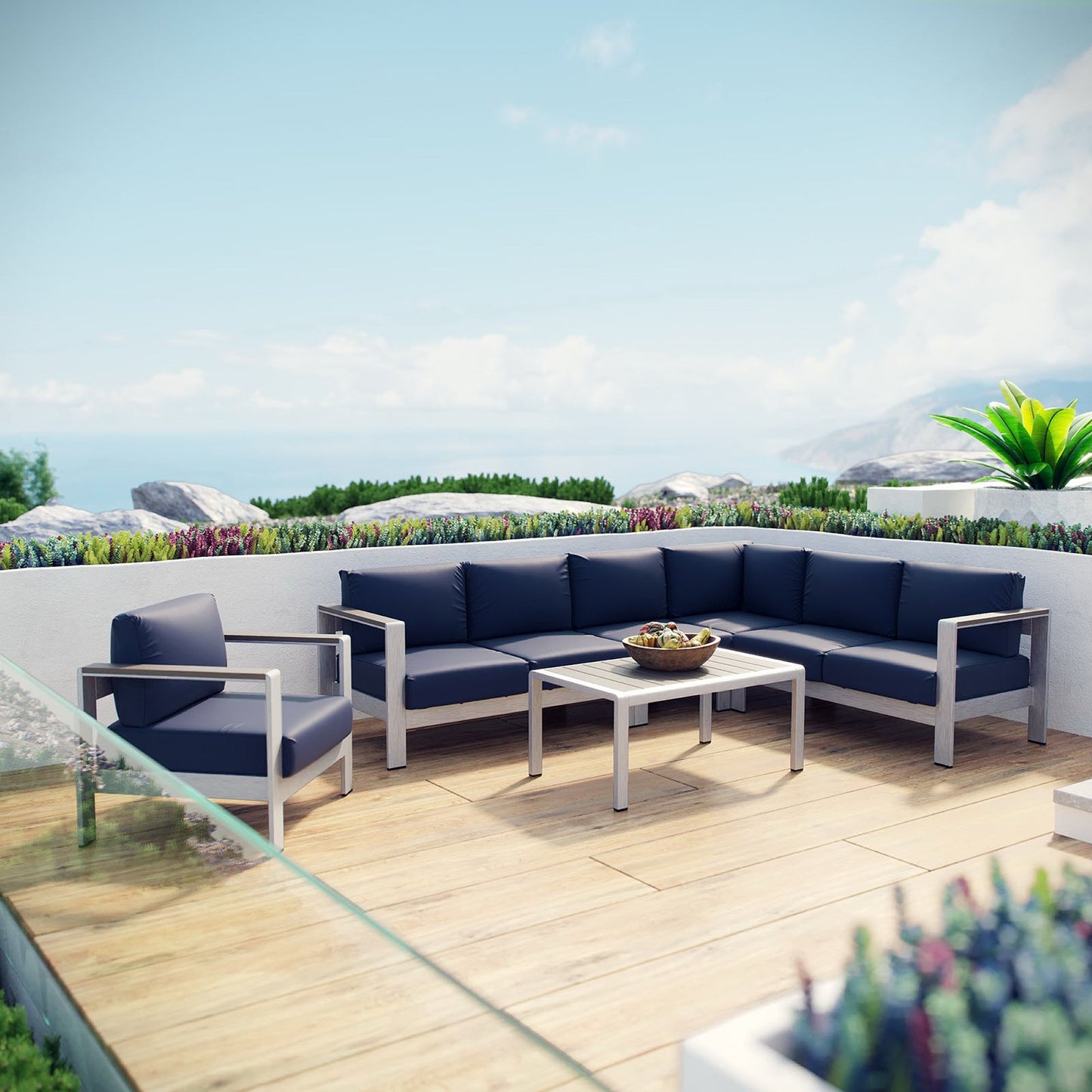 Shore 6 Piece Outdoor Patio Aluminum Sectional Sofa Set in Silver Navy by Modway (2558)