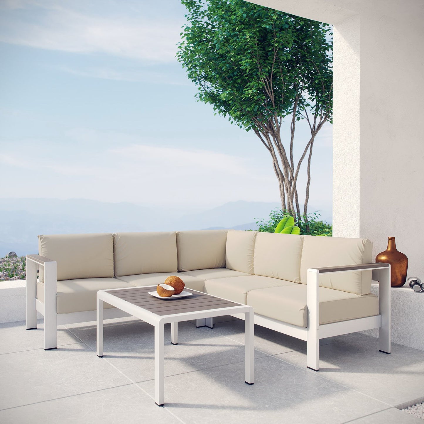 Shore 4 Piece Outdoor Patio Aluminum Sectional Sofa Set in Silver Beige by Modway (2559)