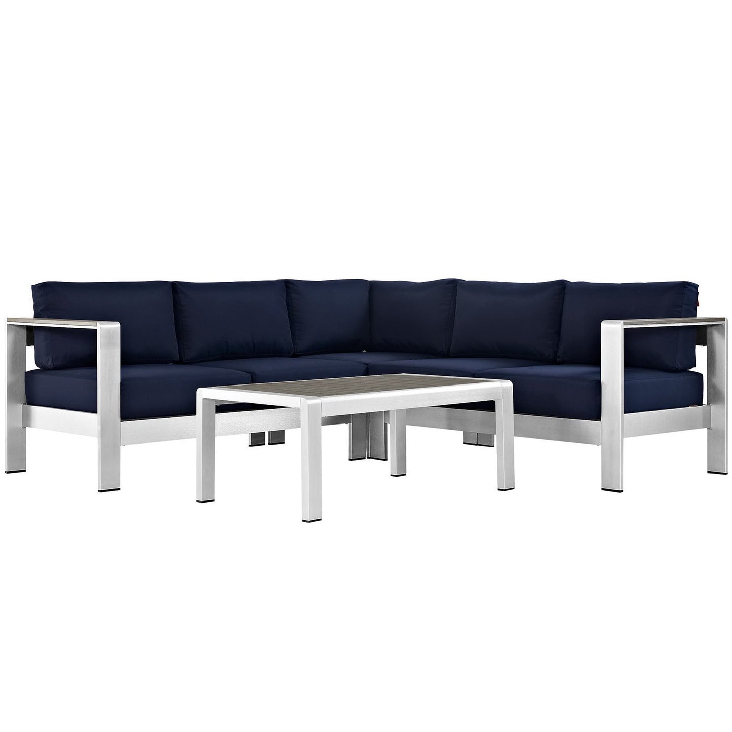 Shore 4 Piece Outdoor Patio Aluminum Sectional Sofa Set in Silver Navy by Modway (2559)