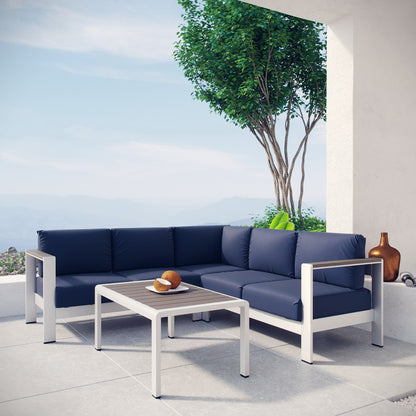 Shore 4 Piece Outdoor Patio Aluminum Sectional Sofa Set in Silver Navy by Modway (2559)