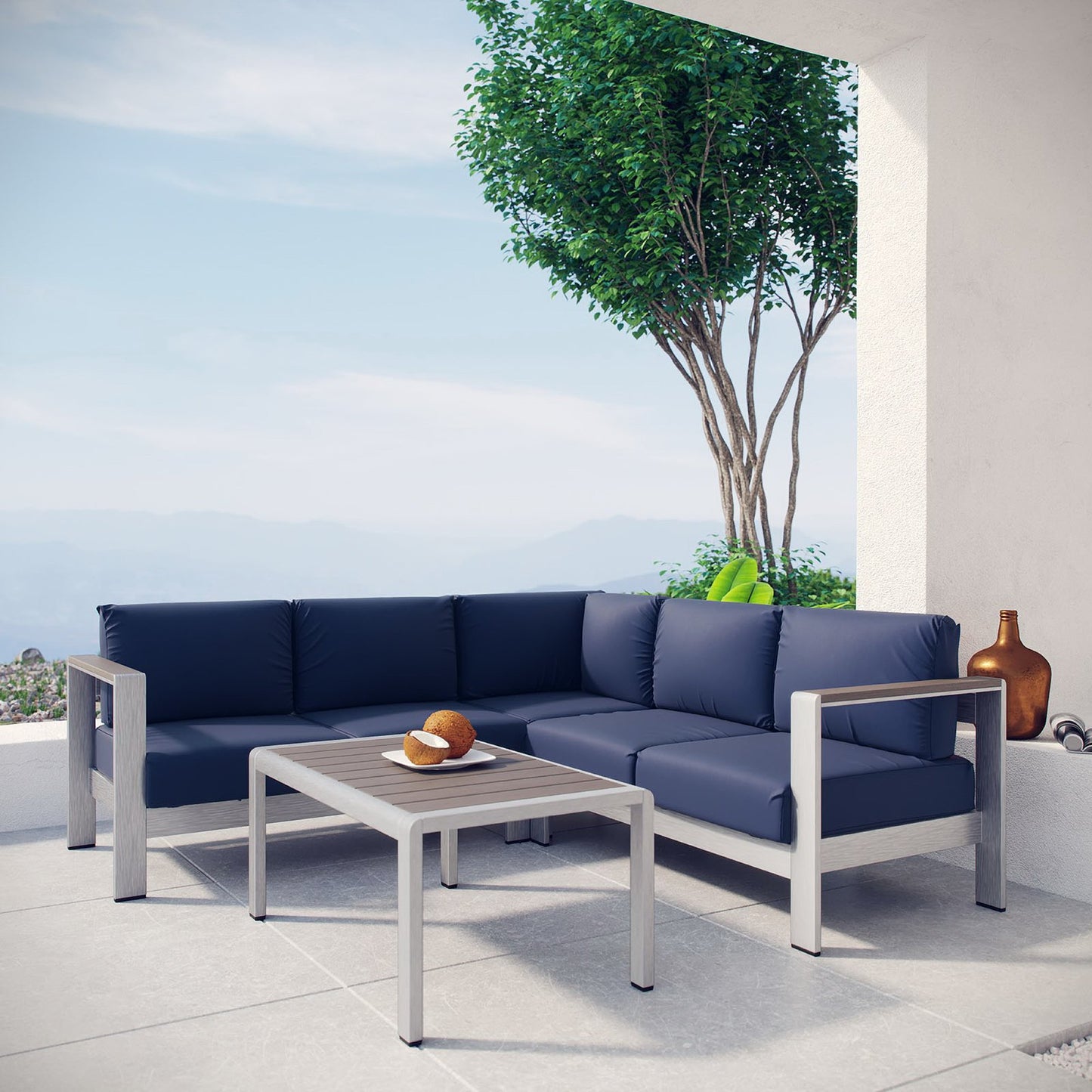 Shore 4 Piece Outdoor Patio Aluminum Sectional Sofa Set in Silver Navy by Modway (2559)