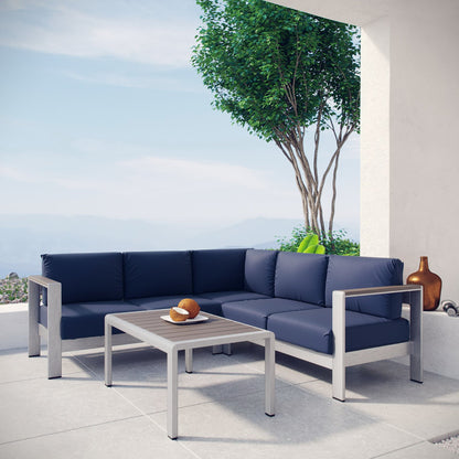 Shore 4 Piece Outdoor Patio Aluminum Sectional Sofa Set in Silver Navy by Modway (2559)