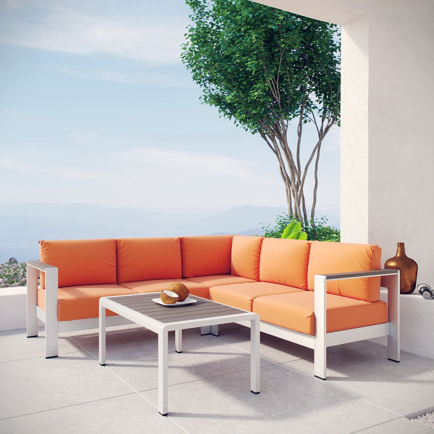 Shore 4 Piece Outdoor Patio Aluminum Sectional Sofa Set in Silver Orange by Modway (2559)