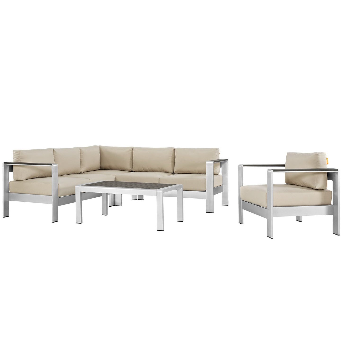 Shore 5 Piece Outdoor Patio Aluminum Sectional Sofa Set in Silver Beige by Modway (2560)