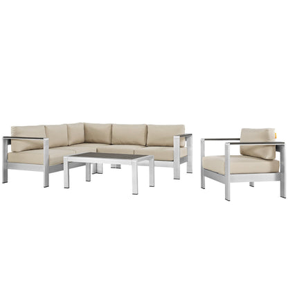 Shore 5 Piece Outdoor Patio Aluminum Sectional Sofa Set in Silver Beige by Modway (2560)