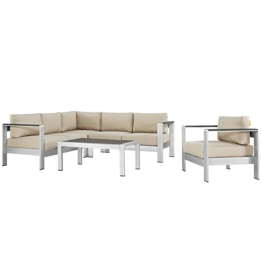 Shore 5 Piece Outdoor Patio Aluminum Sectional Sofa Set in Silver Beige by Modway (2560)