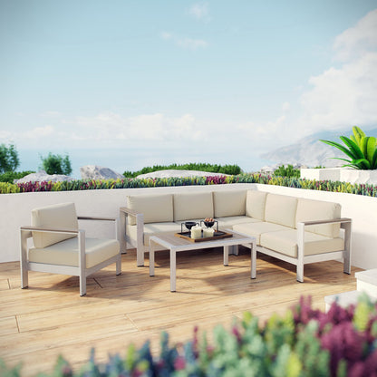 Shore 5 Piece Outdoor Patio Aluminum Sectional Sofa Set in Silver Beige by Modway (2560)