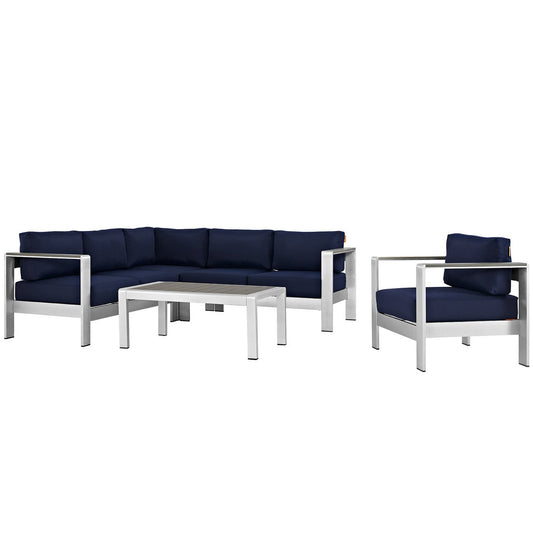 Shore 5 Piece Outdoor Patio Aluminum Sectional Sofa Set in Silver Navy by Modway (2560)