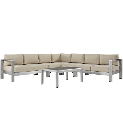 Shore 6 Piece Outdoor Patio Aluminum Sectional Sofa Set in Silver Beige by Modway (2561)