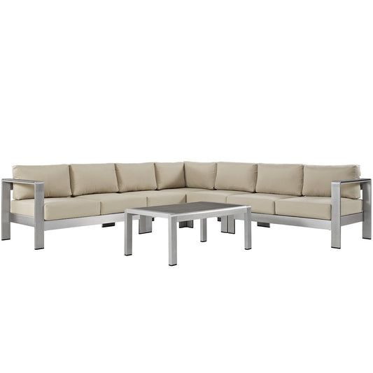 Shore 6 Piece Outdoor Patio Aluminum Sectional Sofa Set in Silver Beige by Modway (2561)