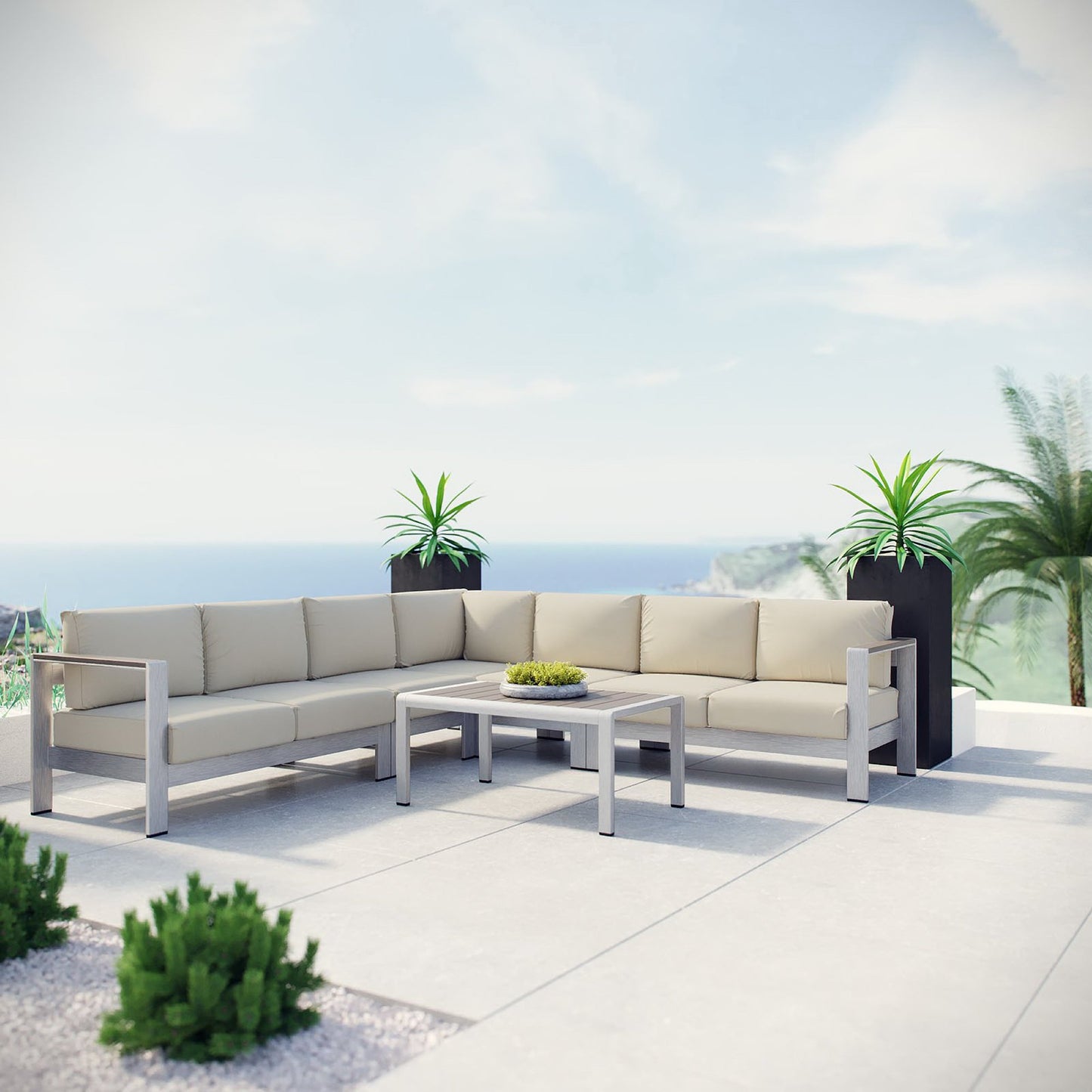 Shore 6 Piece Outdoor Patio Aluminum Sectional Sofa Set in Silver Beige by Modway (2561)