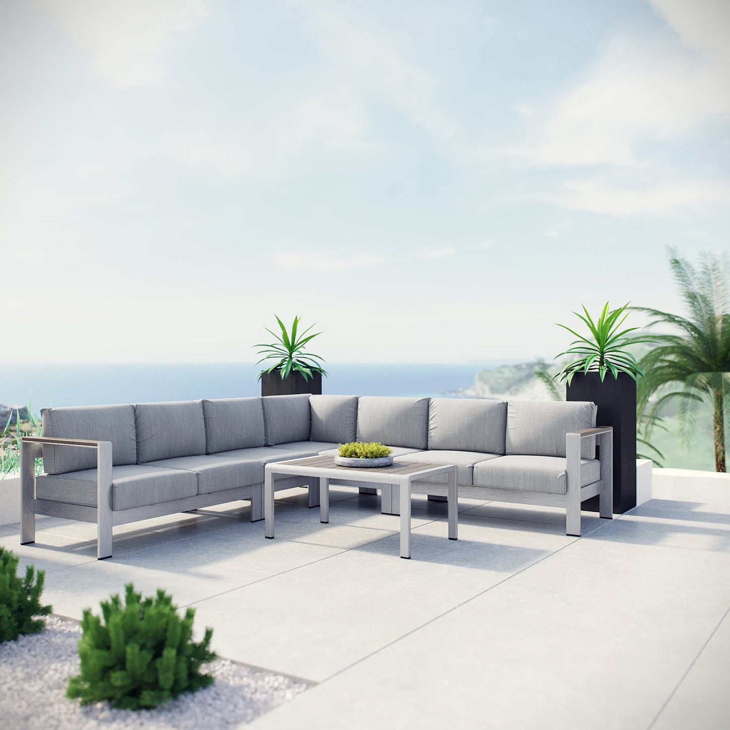 Shore 6 Piece Outdoor Patio Aluminum Sectional Sofa Set in Silver Gray by Modway (2561)