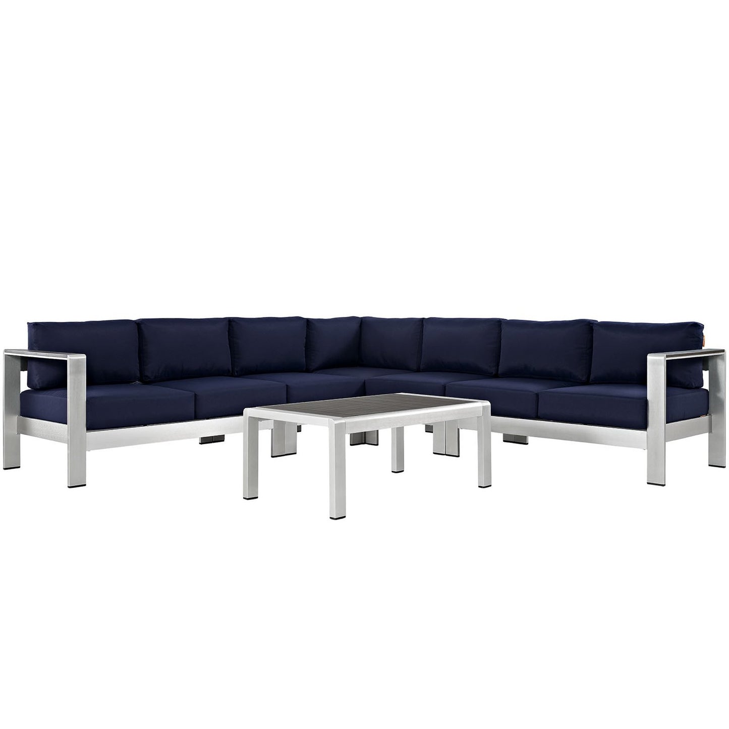 Shore 6 Piece Outdoor Patio Aluminum Sectional Sofa Set in Silver Navy by Modway (2561)