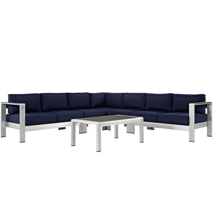 Shore 6 Piece Outdoor Patio Aluminum Sectional Sofa Set in Silver Navy by Modway (2561)