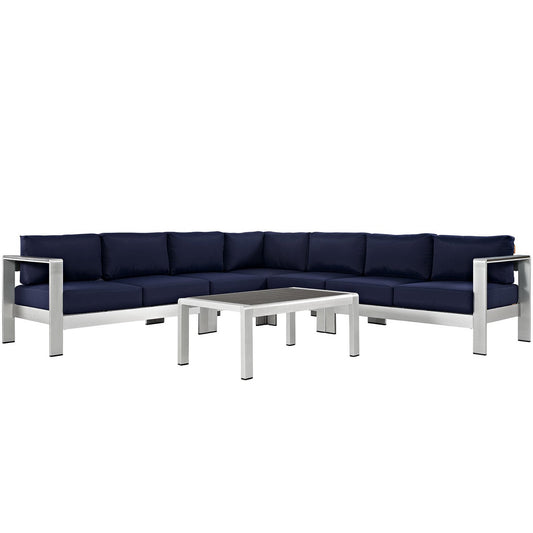 Shore 6 Piece Outdoor Patio Aluminum Sectional Sofa Set in Silver Navy by Modway (2561)