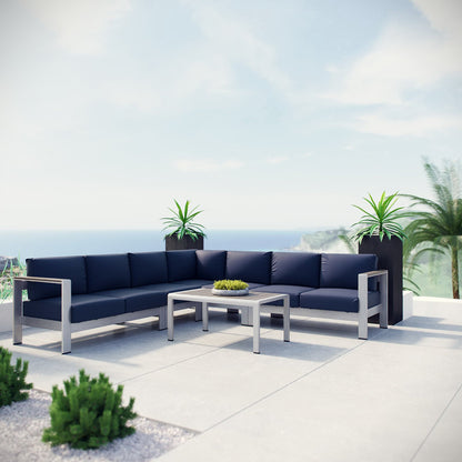 Shore 6 Piece Outdoor Patio Aluminum Sectional Sofa Set in Silver Navy by Modway (2561)