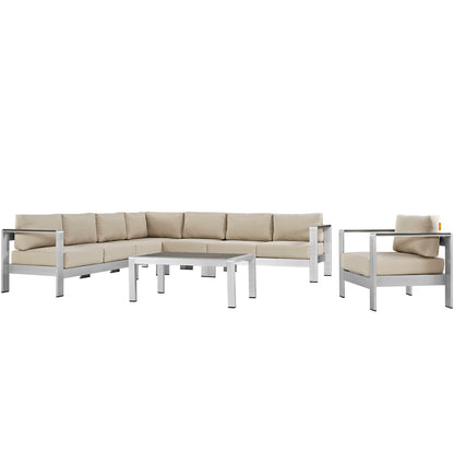 Shore 7 Piece Outdoor Patio Aluminum Sectional Sofa Set in Silver Beige by Modway (2562)