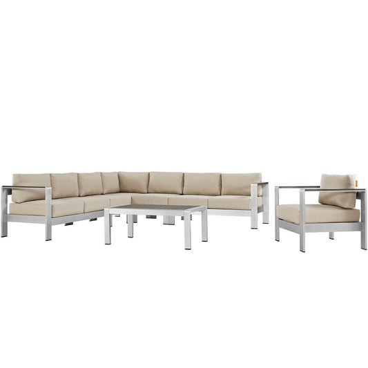 Shore 7 Piece Outdoor Patio Aluminum Sectional Sofa Set in Silver Beige by Modway (2562)