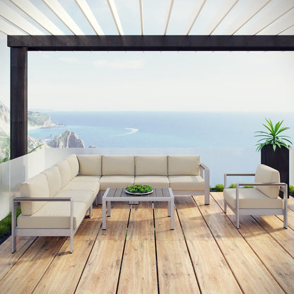 Shore 7 Piece Outdoor Patio Aluminum Sectional Sofa Set in Silver Beige by Modway (2562)