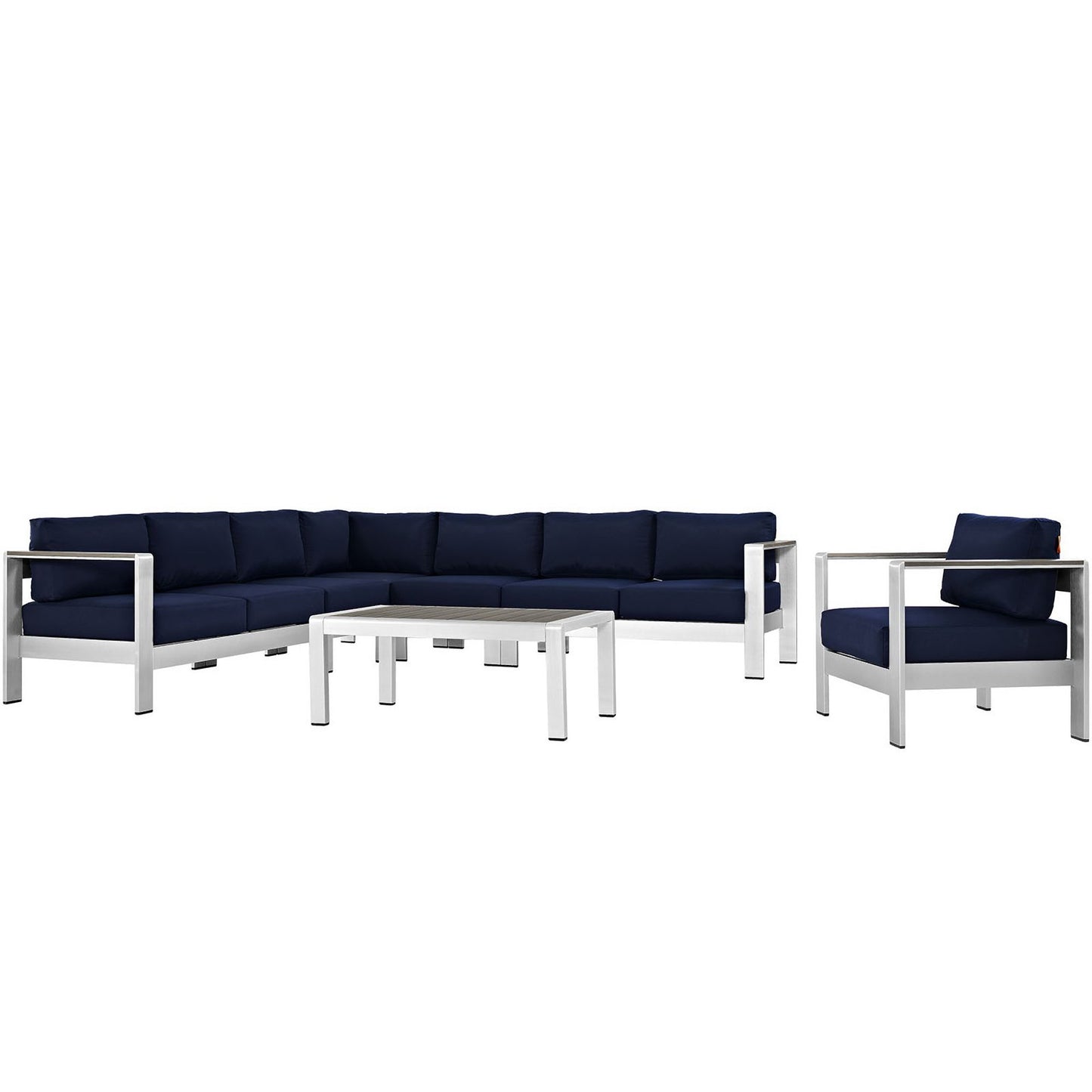 Shore 7 Piece Outdoor Patio Aluminum Sectional Sofa Set in Silver Navy by Modway (2562)