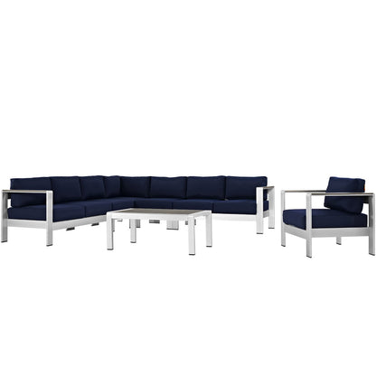 Shore 7 Piece Outdoor Patio Aluminum Sectional Sofa Set in Silver Navy by Modway (2562)