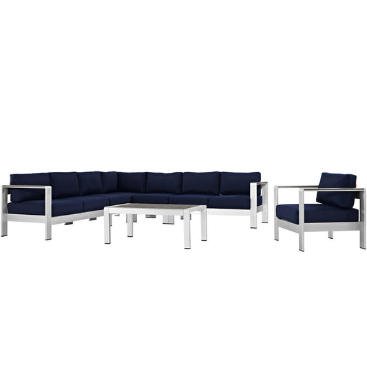 Shore 7 Piece Outdoor Patio Aluminum Sectional Sofa Set in Silver Navy by Modway (2562)