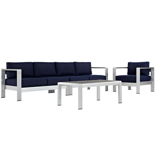 Shore 4 Piece Outdoor Patio Aluminum Sectional Sofa Set in Silver Navy by Modway (2563)
