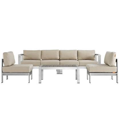 Shore 5 Piece Outdoor Patio Aluminum Sectional Sofa Set in Silver Beige by Modway (2564)