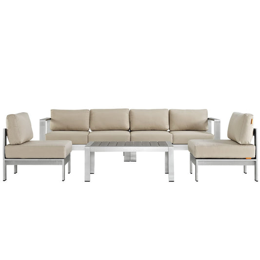 Shore 5 Piece Outdoor Patio Aluminum Sectional Sofa Set in Silver Beige by Modway (2564)