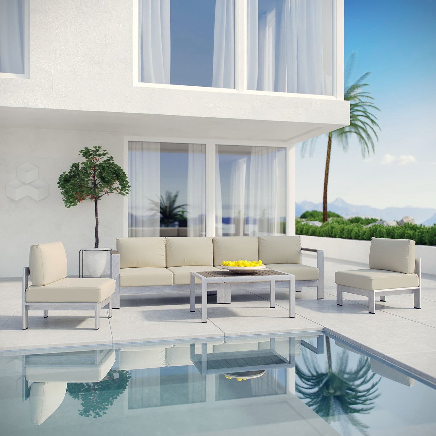 Shore 5 Piece Outdoor Patio Aluminum Sectional Sofa Set in Silver Beige by Modway (2564)